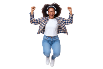 PNG, Happy woman jumping with headphones, curly hair, energetic mood