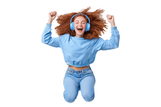 Cheerful girl jumping in blue outfit with headphones, PNG