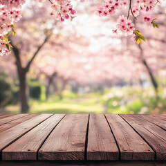 Nature’s Elegance: Wooden Table Surrounded by Sakura Blooms, cherry blossom on wooden table