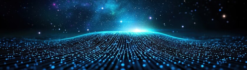Digital horizon quantum data waves virtual realm infographic cosmic environment aerial view futuristic concept