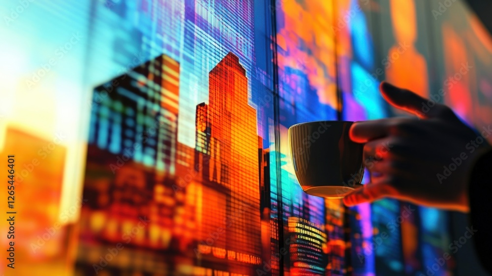 Poster a closeup shot of a host animatedly gesturing while holding a coffee mug surrounded by vibrant graph