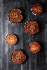 Wood log tree slices on black chalkboard. Flat lay. Top view
