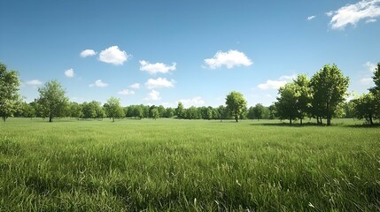 Bright Sunny Day in Lush Green Field with Trees and Blue Sky