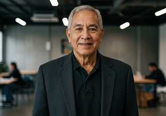 Fototapeta premium Confident Senior Hispanic Businessman Modern Office - Diverse Leadership Corporate Marketing Business Growth