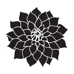 A sophisticated, stylized black silhouette of a dahlia flower against a white background.