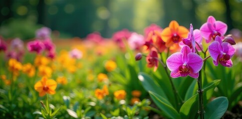 Obraz premium Brightly colored orchids amidst a sea of greenery, colorful gardens, flower fields, landscape photography