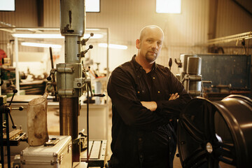Portrait of a middle aged caucasian man mechanic working in a mechanics shop
