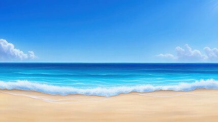 Fototapeta premium A serene beach scene showcasing a clear blue sky and calm ocean waves gently lapping against the golden sand, perfect for conveying relaxation, peace, and tropical beauty.