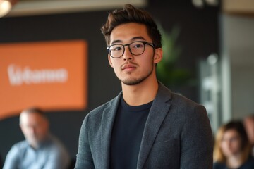 Fototapeta premium Young asian businessman wearing glasses standing in office meeting room