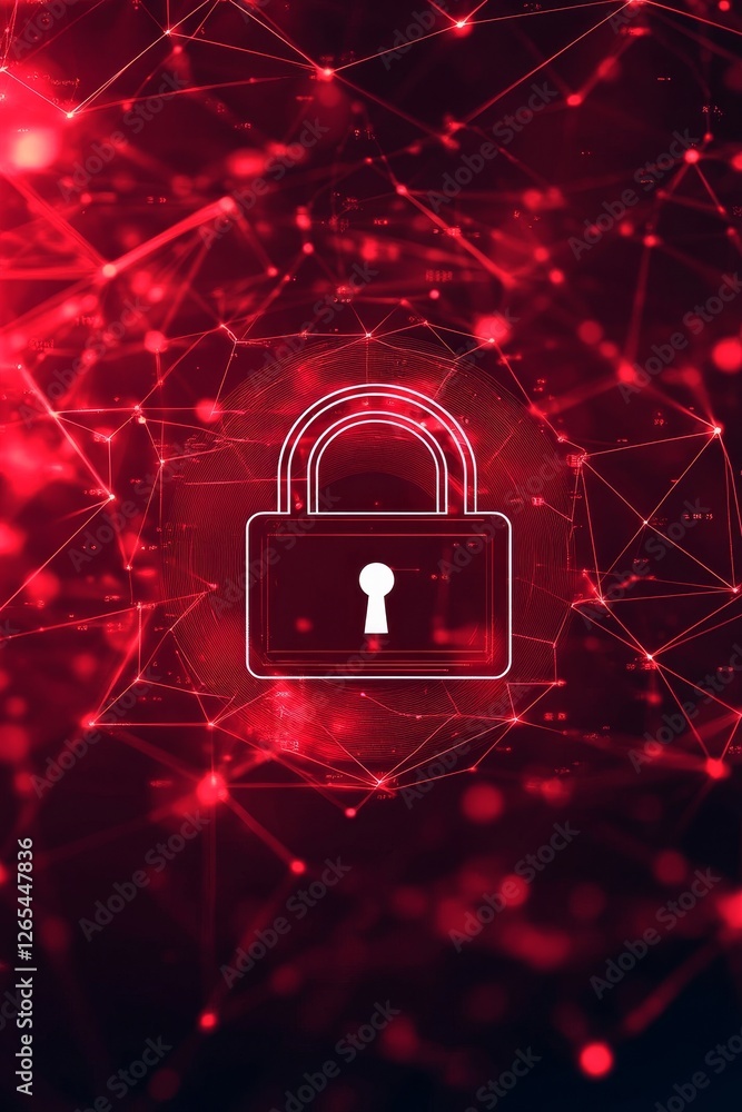 Poster red technology background with digital lock abstract cybersecurity and data protection concept.
