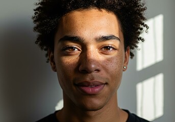 Obraz premium Young African Male Curly Hair Freckles Natural Light - Inspiring Diversity New Beginnings Social Media Campaigns