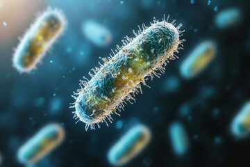 Fototapeta premium Generative AI illustration of microscopic bacterial forms showcasing vivid molecular structures and glowing effects