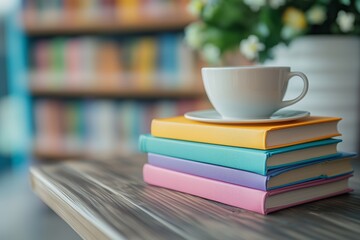 Colorful stacked books on a wooden desk next to a white cup in a cozy reading nook