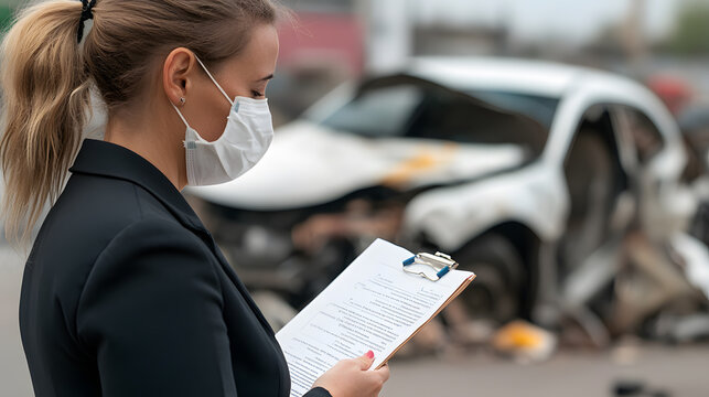 Adjuster Inspecting Vehicle Damage. Woman in a medical mask holds a clipboard after a car accident, processing an insurance claim, providing a detailed report.