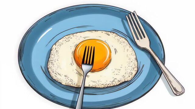 Creative Drawing of Fried Egg on Blue Plate with Fork on White Background for Culinary and Kitchen Art Design