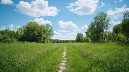 Obraz premium Dirt Path Through Green Meadow And Wildflowers