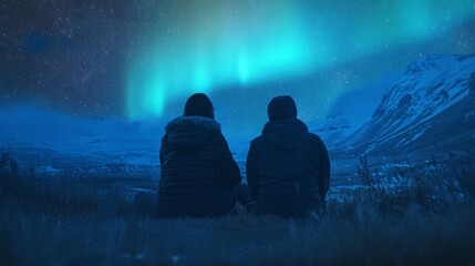 couple watching the Northern Lights in Iceland, bundled up in warm clothes, magical aurora glowing above