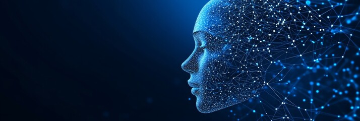 Abstract Digital Human Head on Blue Technology Background, Lines, Connected Dots, Triangles