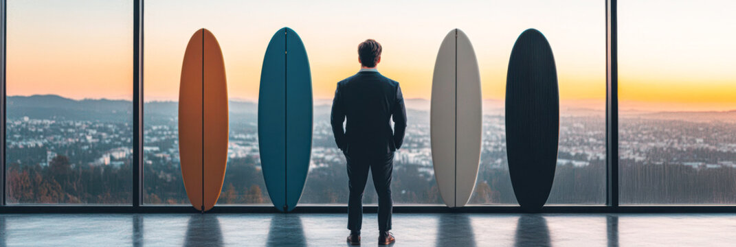 Businessman admiring surfboards at sunset modern office inspiring view