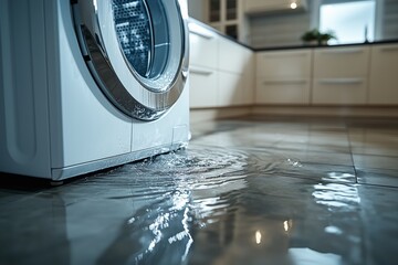Washing machine overflowing with water in a bright laundry room during daytime