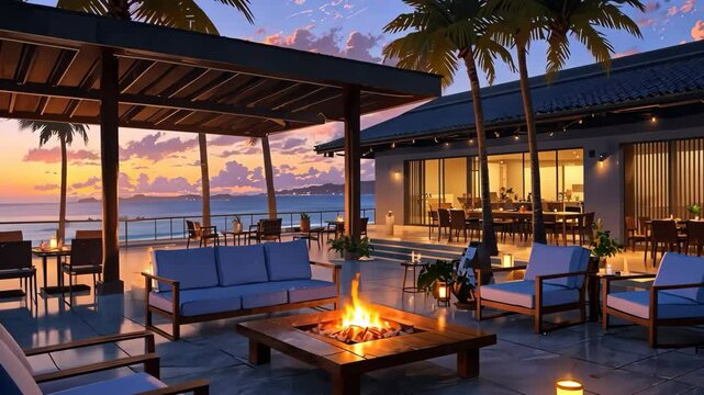 Video footage of luxurious outdoor lounge area with a fire pit, modern furniture, and palm trees, overlooking the ocean at sunset, with a bar area in the background