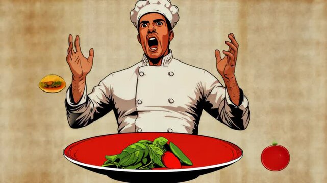Frustrated Chef in White Uniform Expresses Anger Over Plate with Vegetables in Artful Illustration