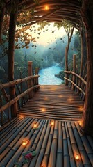 Fototapeta premium A scenic, tranquil bridge made of bamboo over a calm stream surrounded by trees and soft golden light, creating a peaceful atmosphere