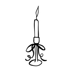 Hand drawn candle with ribbon bow. Fashionable accessory for home decor. Trend curve ink illustration. Minimalist bow knots. Wedding celebration, holiday, party decoration. Elegant vintage vector.