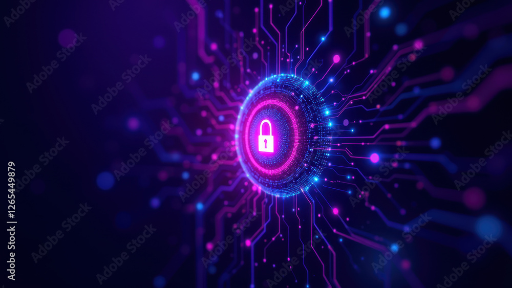 Poster cybersecurity themed image featuring a digital lock and glowing circuits.