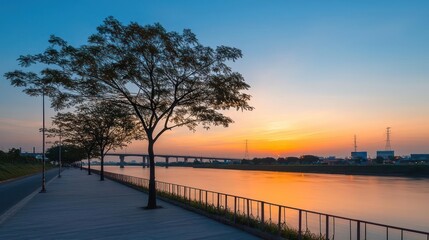 Serene River Sunset With Tree Silhouette