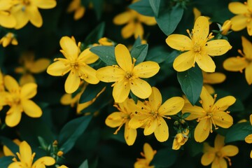 Hypericum: Close-up of Yellow Flowering Perforate St. John's Wort with Green Leaves in Background