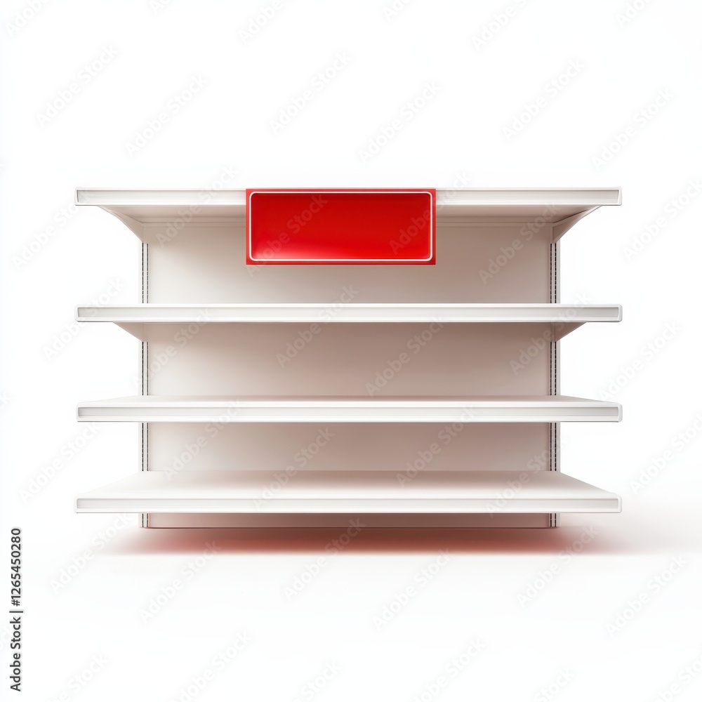Poster a minimalist white shelf with three open compartments and a vibrant red drawer, perfect for organizi
