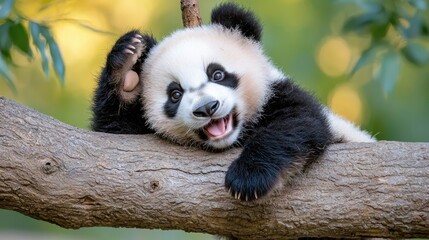 Fototapeta premium Cute giant panda cub resting on a thick tree branch and looking at the camera with a happy expression.