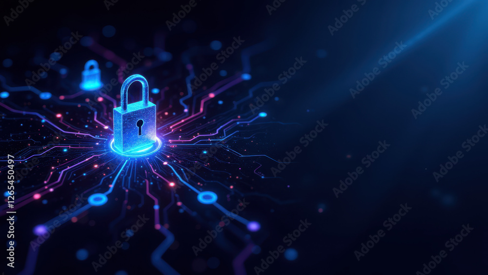 Poster blue cybernetic lock with interconnected nodes against a digital matrix background.