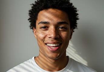 Obraz premium Joyful Young African Male Curly Hair Freckles Natural Light - Cheerful Portrait Social Media Marketing, Youth Empowerment, Diversity Celebrations