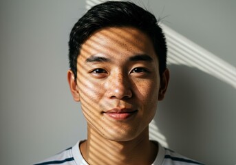 Obraz premium Young Asian Man Portrait Striped Shadows Face, Gray Background - Modern Lifestyle Image Social Media Marketing Branding