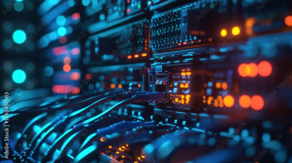 Poster server racks with blinking lights and network cables symbolize internet connectivity, data processin