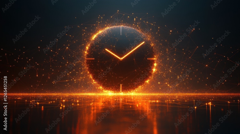 Poster digital clock glowing with particles on reflective surface