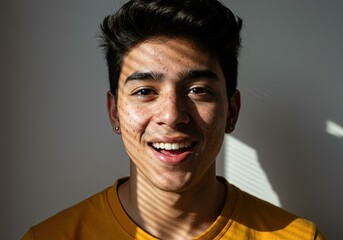Obraz premium Joyful Young Hispanic Male Freckles Natural Light - Cheerful Portrait Social Media Campaigns Promoting Positivity Engagement