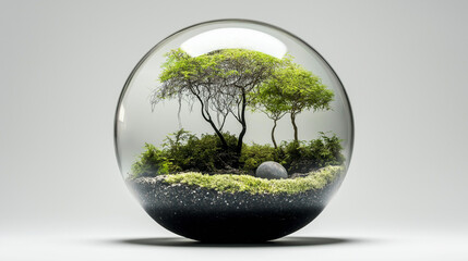 Artistic terrarium with miniature trees and landscape in glass sphere