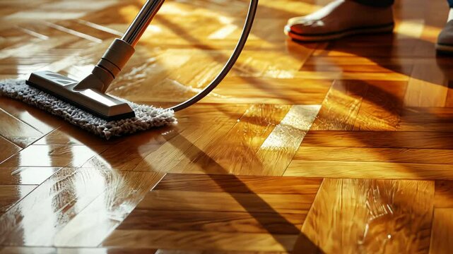 A person is mopping cleaning wood parquet floors, ensuring shine and cleanliness in a well-lit, sunlit room
