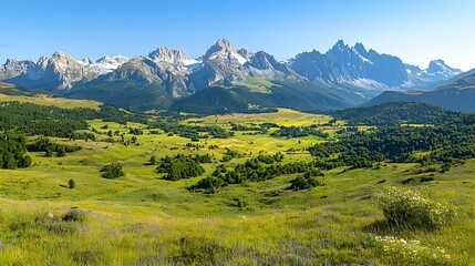 Fototapeta premium Majestic Alpine Mountain Range with Lush Green Valley