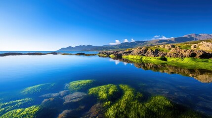 Obraz premium A serene landscape featuring a tranquil body of water surrounded by lush greenery and rocky formations under a clear blue sky, perfect for promoting nature and peace.
