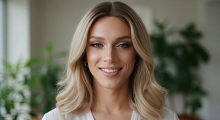 Obraz premium Smiling Young Caucasian Woman Blonde Hair Modern Indoor Setting - Beauty Wellness Personal Branding Social Media Marketing
