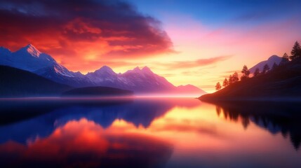 Fototapeta premium A stunning sunset over a tranquil lake, surrounded by majestic mountains. The vibrant colors reflect beautifully on the water, creating a serene and peaceful atmosphere.