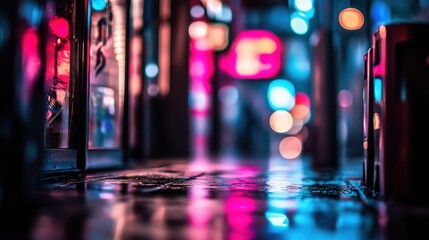 Fototapeta premium Futuristic cyberpunk neon background alley with neon purple, pink, blue, silver accents