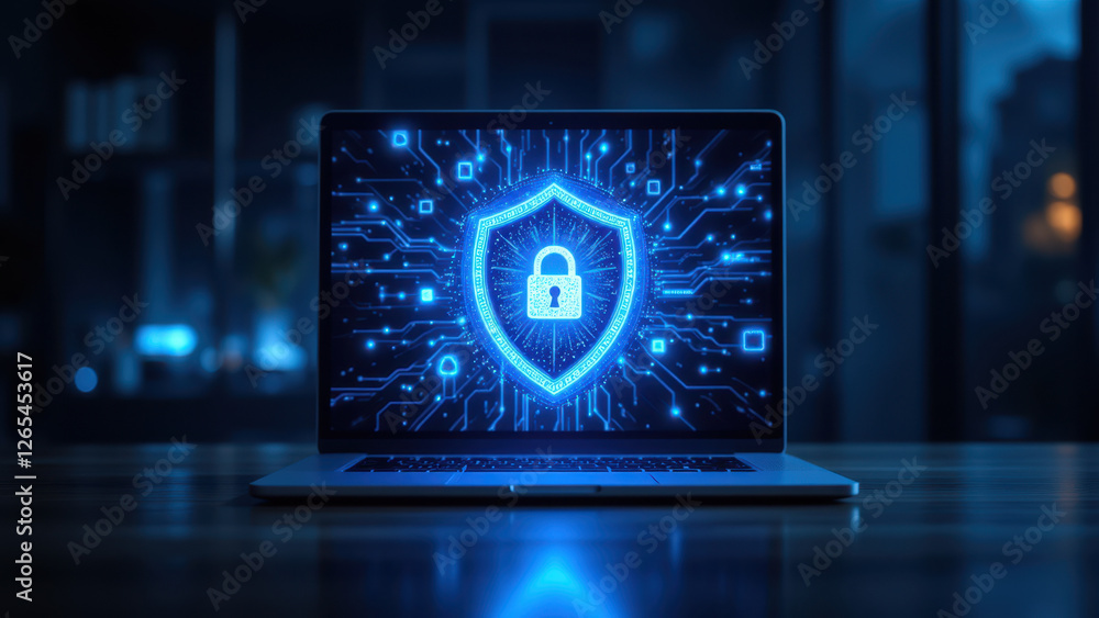 Poster cybersecurity computer on desk with blue lights and secure lock symbol.