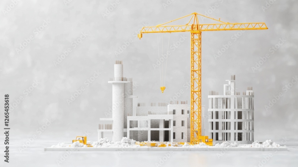 Poster yellow construction crane operates on a modern building site with concrete structures under developm