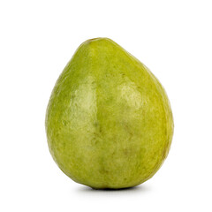 Studio shot of a whole single guava fruit isolated on a white background.