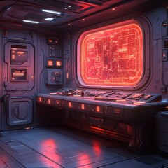 Obraz premium Futuristic control room with glowing display, monitoring systems